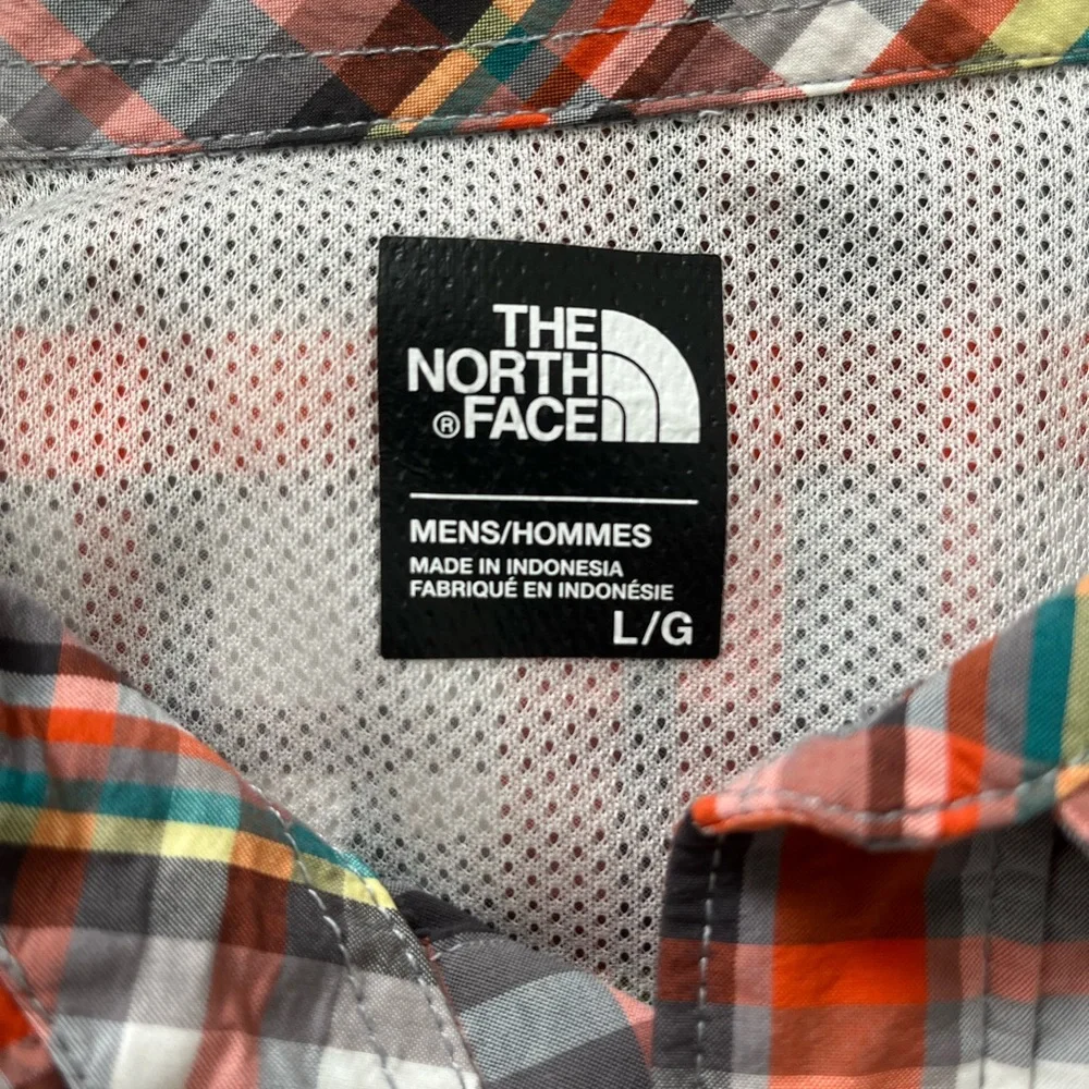 The North Face Mens Large Short Sleeve Button Up Orange Green Yellow White Plaid